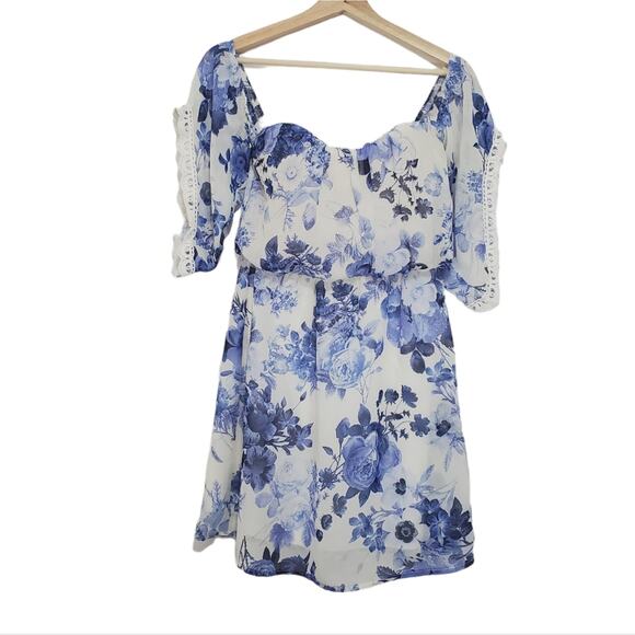 Socialite | Floral Off Shoulder Dress with Lace Flutter Sleeves - Picture 1 of 11